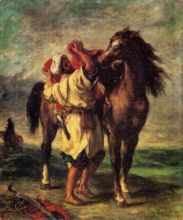 A Moroccan Saddling A Horse, 1855