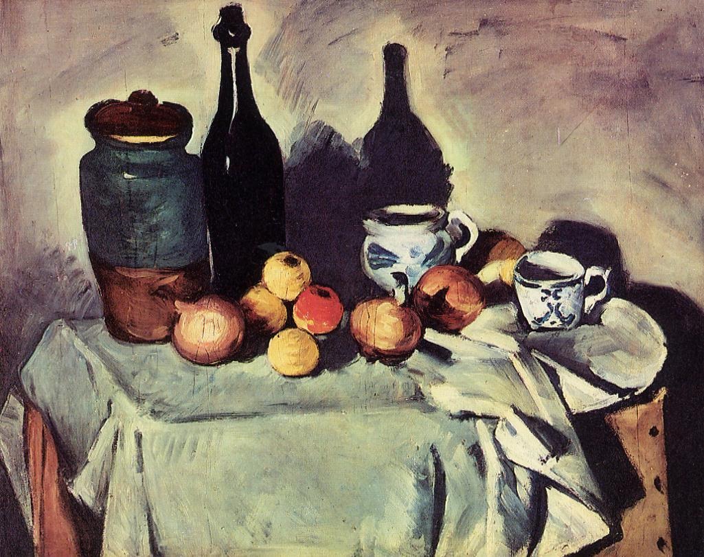 Still Life - Post, Bottle, Cup and Fruit