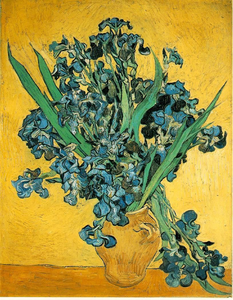 Still Life - Vase with Irises Against a Yellow Background