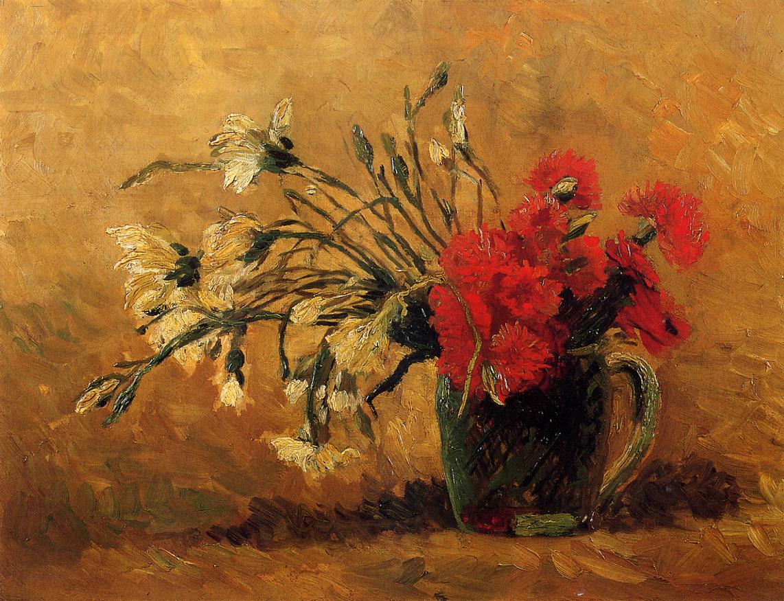 Vase with Red and White Carnations on a Yellow Background