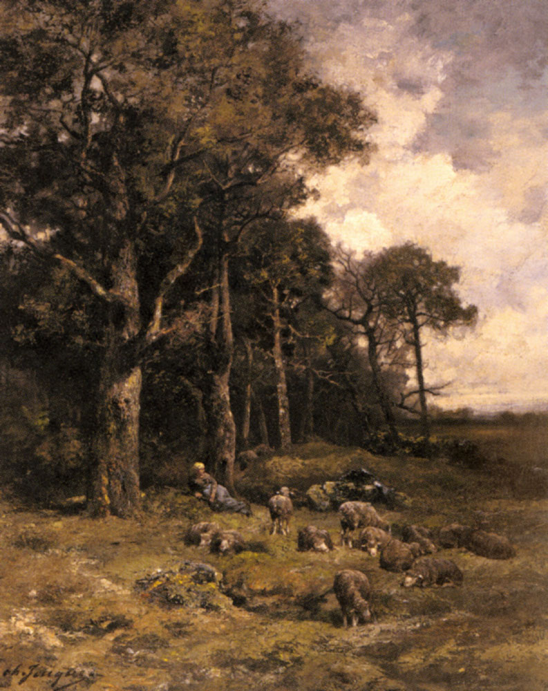 Shepherdess Resting With Her Flock