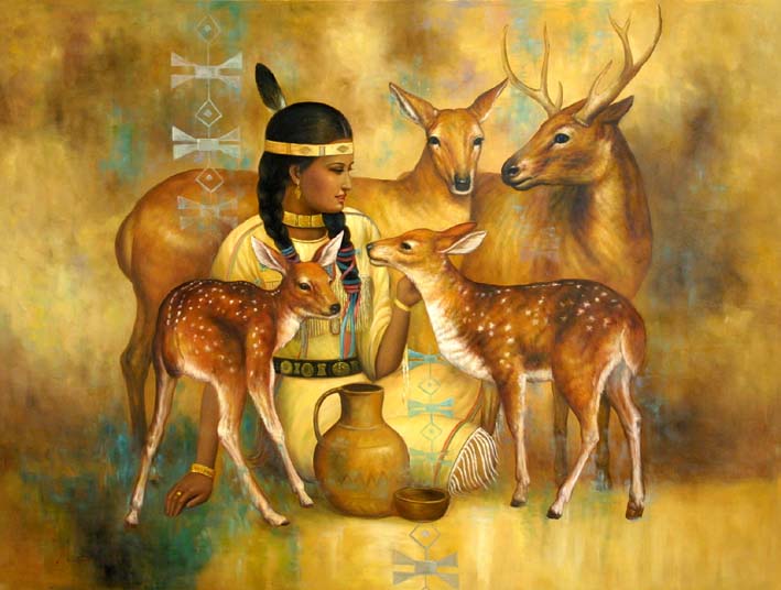 Girl Surrounded by Deer Family