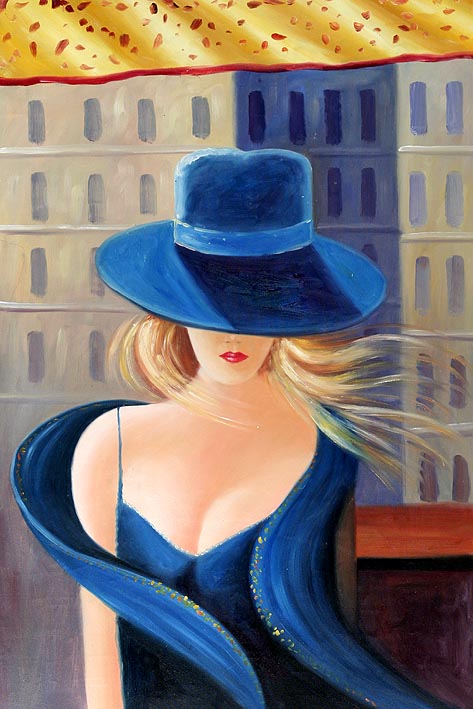 Modern lady in blue dress and hat