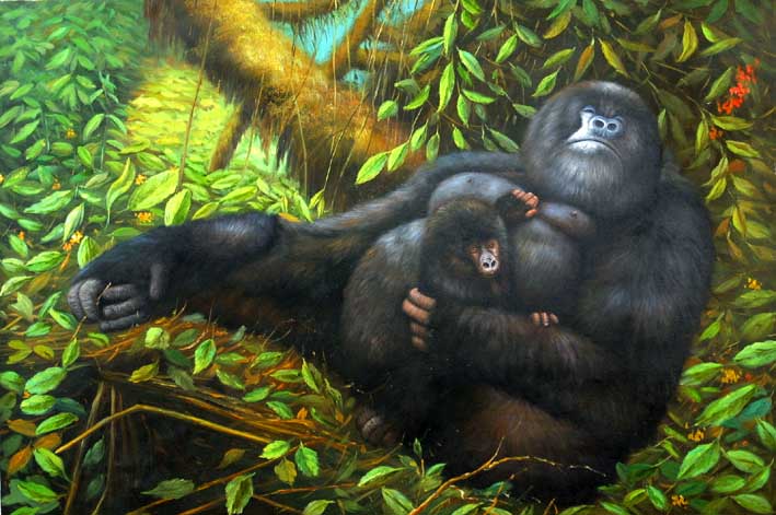 Gorilla Mother And Infant Chewing Leaves