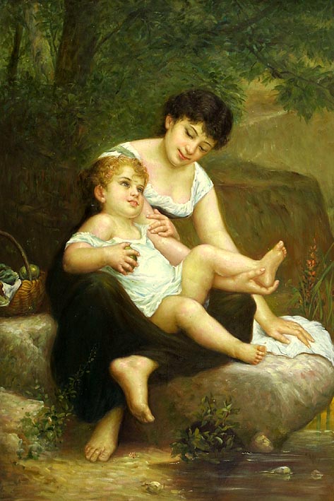 Mother and Son Sitting on Rock
