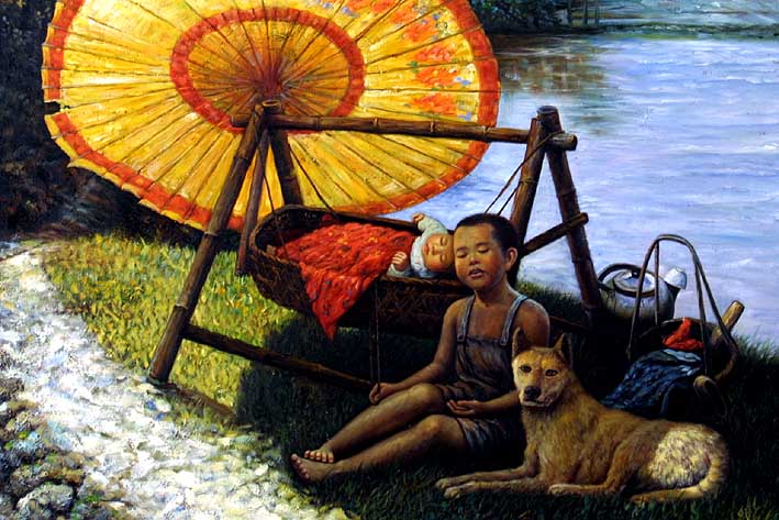 Children And Dog Under A Sunshade