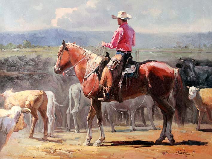 Cowboy Overlooking Cattle