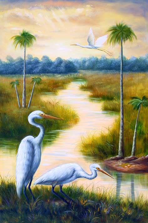 Marshland With Preying Cranes