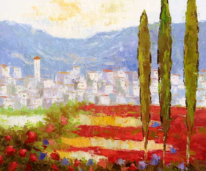 Poplars, Poppies, a City, and Mountains