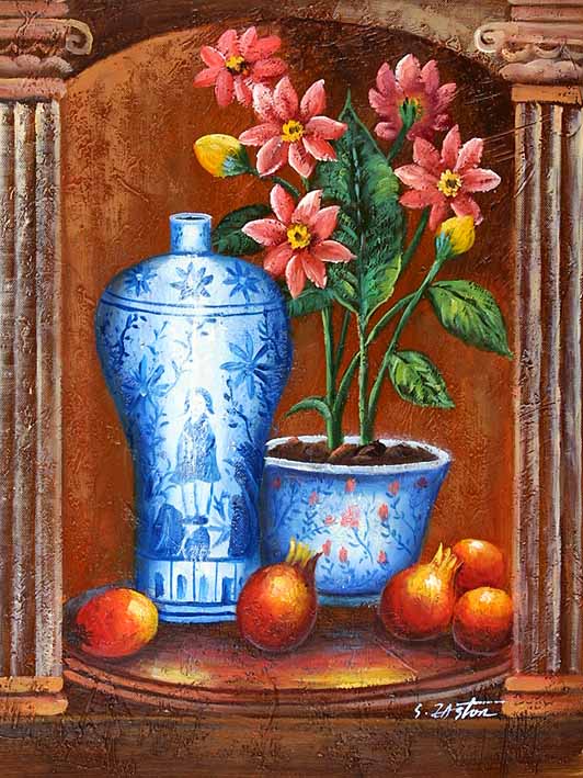 Still Life with Blue China, Red Flowers and Fruits
