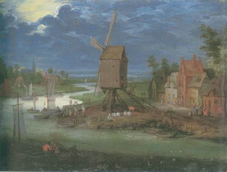 landing stage and windmill painting, a Pieter Gysels paintings reproduction, we never sell landing