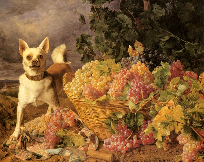 Ferdinand Georg Waldmuller Oil Painting Reproductions- A Dog By A Basket Of Fruits