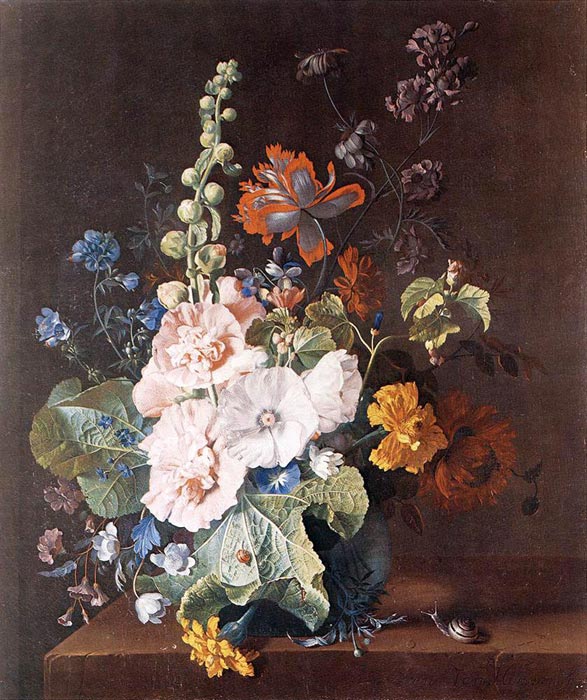 Oil Painting Reproduction of Huysum- Hollyhocks and Other Flowers in a Vase