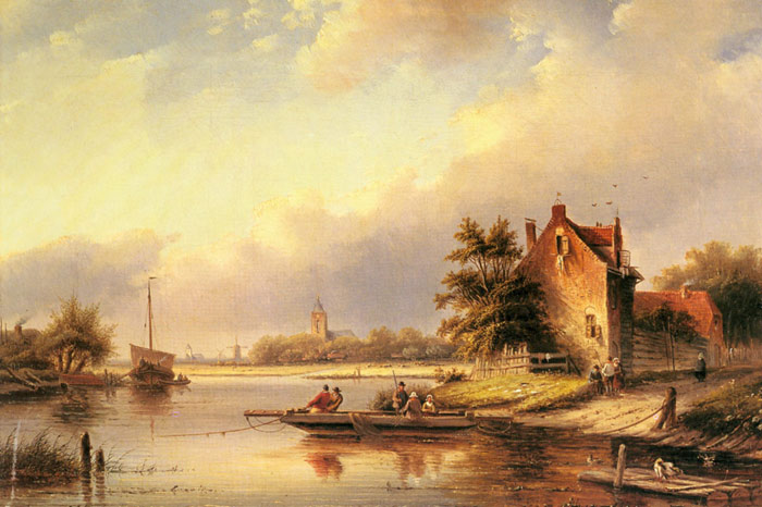 Oil Painting Reproduction of Spohler Jan Jacob Coenraad - A Summers Day at the Ferry Crossing