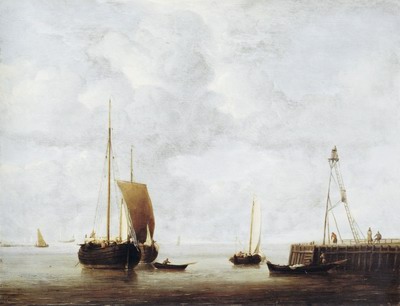 A dutch hoeker at anchor near a pier