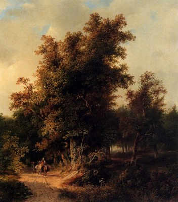 A Wooded Landscape With Travellers On A Sandy Track