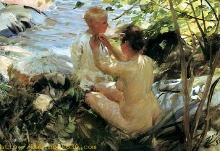 A woman dresses her child