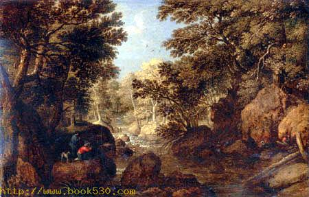 A wooded river landscape with hunters