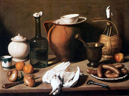 Still life with bird and sausages