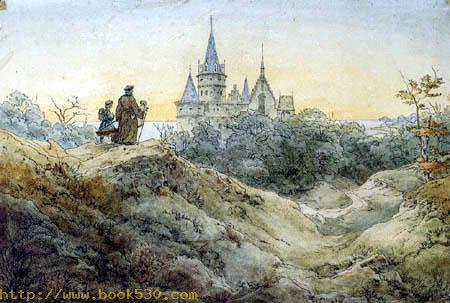 Romantic landscape with castle at the sea