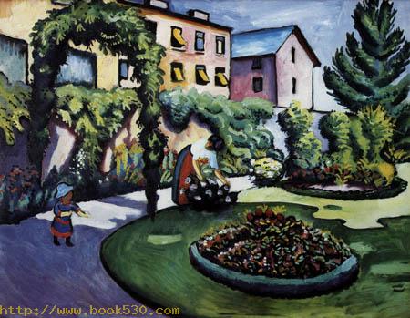 Gartenbild mit Frau und Sohn