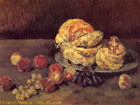 Melons, peaches and bunch of grapes