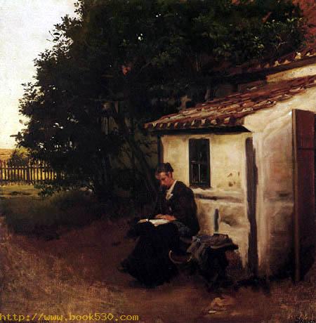 The woman of the artist before their house in Skagen