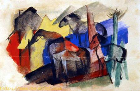 Three horses in a landscape with houses