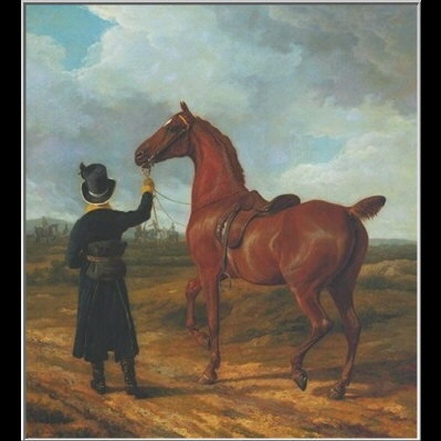 Groom leads a Chestnut Hunter Oil Painting
