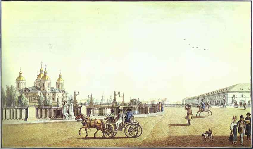 Oil painting:Sadovaya Street by the Nikolsky Market. 1800