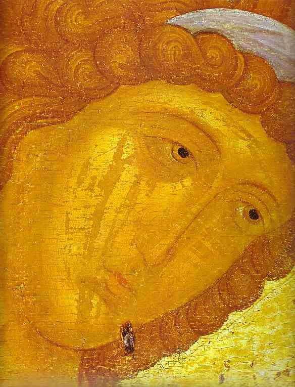 Oil painting:Archangel Michael. Detail. c. 1420