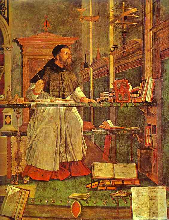 Oil painting:Life of St. Jerome: Vision of St. Augustine. Detail. 1502