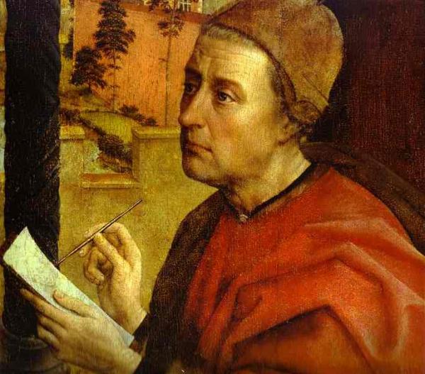 Oil painting:St. Luke Drawing a Portrait of the Virgin Mary. Detail. c.1435-1440