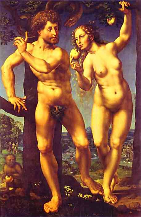 Oil painting:Adam and Eve in Paradise. c. 1525