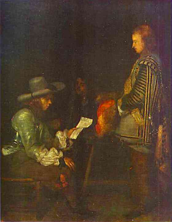 Oil painting:An Officer Reading a Letter. c. 1657