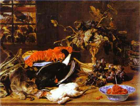 Oil painting:Hungry Cat with Still Life. c.1615-1620