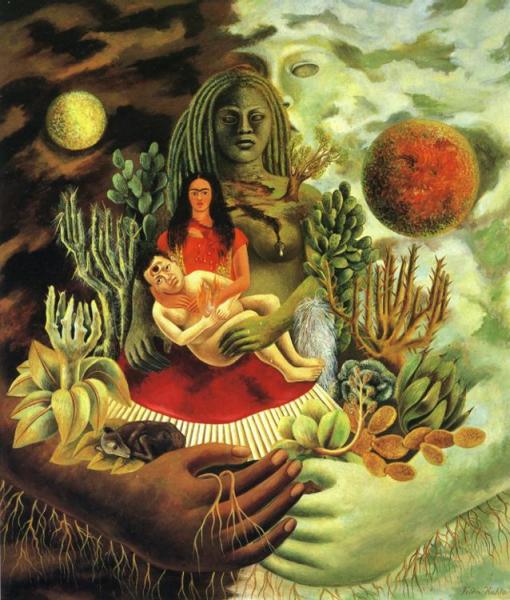 Oil painting:The Love Embrace of the Universe, the Earth (Mexico), Diego, Me, and Senor Xolotl. 1949