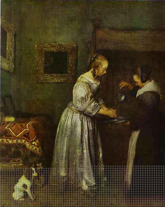Oil painting:A Lady Washing Her Hands. c. 1655