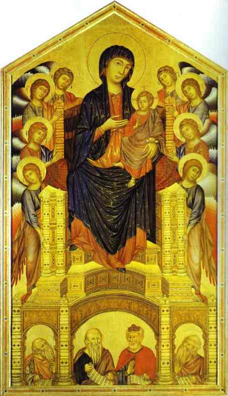 Oil painting:Duccio or Cimabue. Window Showing the Death, Assumption and Coronation of the Virgin.