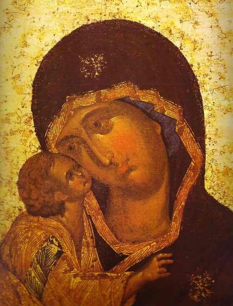 Oil painting:The Don Virgin. Detail. The 1390