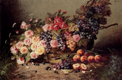 Still Life Of Roses, Peaches And Grapes In A Basket