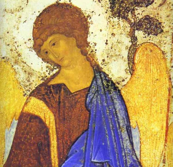 Oil painting:The Old Testament Trinity. Detail. c. 1410