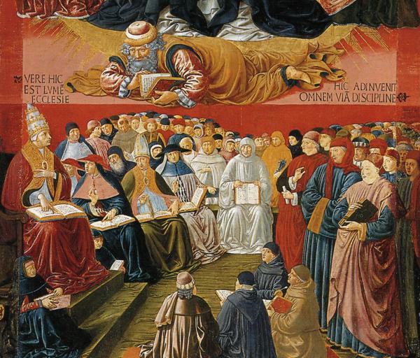 Oil painting:Triumph of St. Thomas Aquinas. Detail.1471