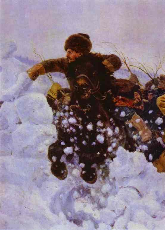 Oil painting:The Taking of a Snow Fortress. Detail. 1891