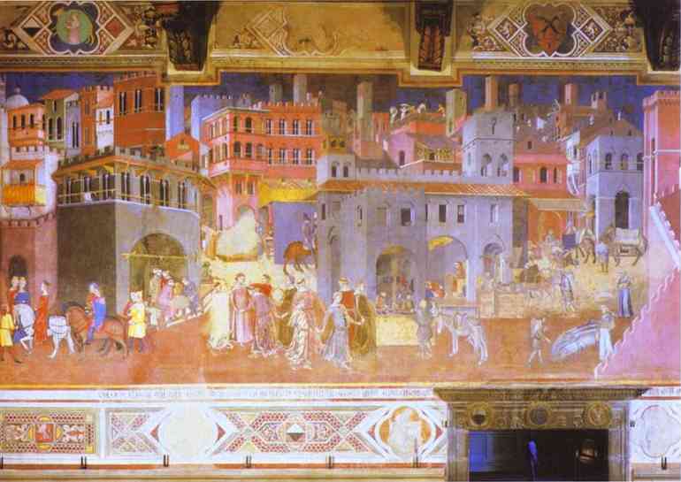 Oil painting:Allegory of Good Government: Effects of Good Government in the City. 1338