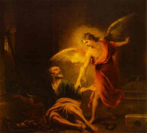 Oil painting:Angel Rescues St. Peter from Prison. c. 1667