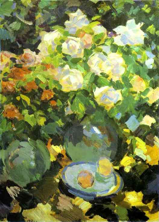 Oil painting: Roses in Blue Jugs. 1917