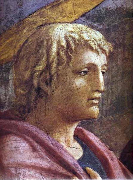 Oil painting:Rendering of the Tribute Money (detail). 1425