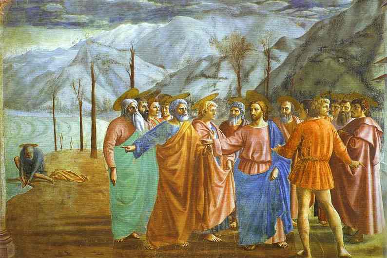 Oil painting:Rendering of the Tribute Money (detail). 1425