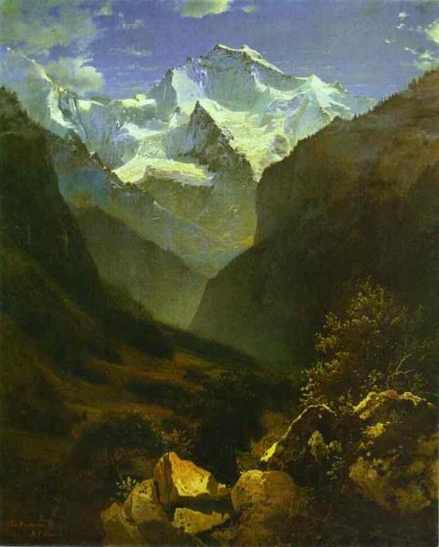 Oil painting:View of the Swiss Alps from Interlaken. 1862